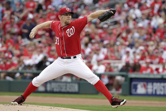 FILE - In this Oct. 3, 2014 file photo, Washington Nationals starting pitcher Stephen Strasburg (37) pitches in a baseball game against the San Francisco Giants at Nationals Park in Washington. Strasburg and the Nationals have agreed to a $7.4 million, one-year contract and  avoided salary arbitration. (AP Photo/Pablo Martinez Monsivais, File)