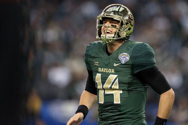 ARLINGTON, TX - JANUARY 01:  Bryce Petty #14 of the Baylor Bears reacts after a Baylor touchdown against the  Michigan State Spartans during the second half of the Goodyear Cotton Bowl Classic at AT&T Stadium on January 1, 2015 in Arlington, Texas.  (Photo by Sarah Glenn/Getty Images)