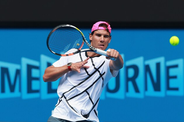 MELBOURNE, AUSTRALIA - JANUARY 18:  Rafael Nadal of Spain hits a forehand during a practice session ahead of the 2015 Australian Open at Melbourne Park on January 18, 2015 in Melbourne, Australia.  (Photo by Quinn Rooney/Getty Images)