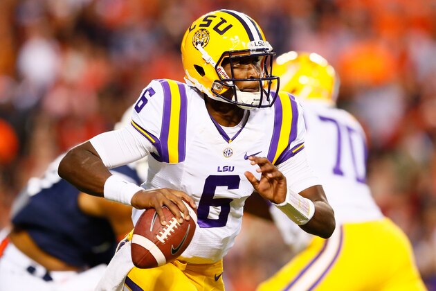AUBURN, AL - OCTOBER 04:  Brandon Harris #6 of the LSU Tigers rolls out of the pocket against the Auburn Tigers at Jordan Hare Stadium on October 4, 2014 in Auburn, Alabama.  (Photo by Kevin C. Cox/Getty Images)