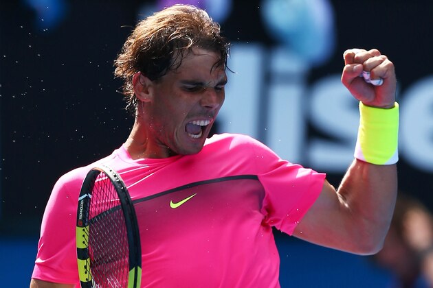 MELBOURNE, AUSTRALIA - JANUARY 19:  Rafael Nadal of Spain celebrates winning his first round match against Mikhail Youzhny of Russia during day one of the 2015 Australian Open at Melbourne Park on January 19, 2015 in Melbourne, Australia.  (Photo by Ryan Pierse/Getty Images)