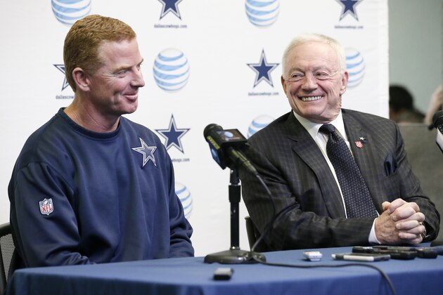Dallas Cowboys head coach Jason Garrett, left, smiles as team owner Jerry Jones responds to questions about Garrett's five year contract extension during a news conference at the teams headquarters, Thursday, Jan. 15, 2015, in Irving, Texas. Scott Linehan is returning to the Cowboys along with coach Garrett and will add the title of offensive coordinator after one season as Tony Romo's play-caller. (AP Photo/Tony Gutierrez)
