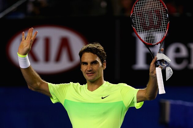 MELBOURNE, AUSTRALIA - JANUARY 19:  Roger Federer of Switzerland waves to the crowd after victory in his first round match against Yen-Hsun Lu of Chinese Taipei during day one of the 2015 Australian Open at Melbourne Park on January 19, 2015 in Melbourne, Australia.  (Photo by Clive Brunskill/Getty Images)