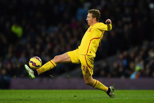 BIRMINGHAM, ENGLAND - JANUARY 17:  Lucas Leiva of Liverpool controls the ball during the Barclays Premier League match between Aston Villa and Liverpool at Villa Park on January 17, 2015 in Birmingham, England.  (Photo by Laurence Griffiths/Getty Images)
