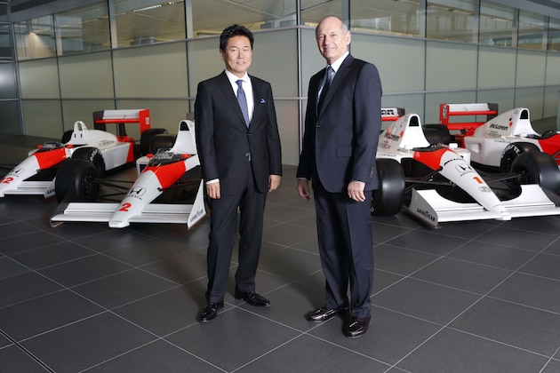 WOKING, ENGLAND- DECEMBER 10: In this handout photo provided by McLaren-Honda, Ron Dennis (R), Chairman & Chief Executive Officer, McLaren and Yasuhisa Arai, Senior Managing Officer, Honda R&D Co Ltd; Chief Officer of Motorsport, Honda pose as McLaren-Honda announce its new driver line-up for 2015 on December 10, 2014 in Woking, England. (Photo by Steven Tee /McLaren-Honda via Getty Images)