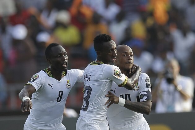 Ghana's Andre Ayew, right, celebrates with teammates after scoring a penalty during the African Cup of Nations Group C soccer match against Senegal in Mongomo, Equatorial Guinea, Monday, Jan. 19, 2015. (AP Photo/Themba Hadebe)