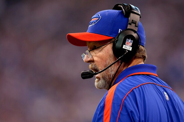 INDIANAPOLIS, IN - NOVEMBER 25:  Head coach Chan Gailey of the Buffalo Bills watches from the sidelines as his team plays the Indianapolis Colts at Lucas Oil Stadium on November 25, 2012 in Indianapolis, Indiana.  (Photo by Matthew Stockman/Getty Images)