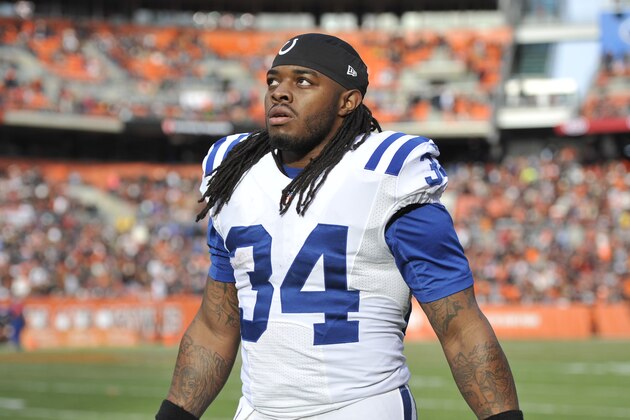 Indianapolis Colts running back Trent Richardson walks off the field at halftime of an NFL football game against the Cleveland Browns Sunday, Dec. 7, 2014, in Cleveland. The Colts won 25-24. (AP Photo/David Richard)