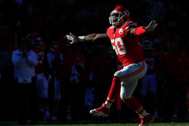 KANSAS CITY, MO - DECEMBER 28:  Outside linebacker Justin Houston #50 of the Kansas City Chiefs reacts after sacking quarterback Philip Rivers #17 of the San Diego Chargers during the first half of the game at Arrowhead Stadium on December 28, 2014 in Kansas City, Missouri.  (Photo by Jamie Squire/Getty Images)