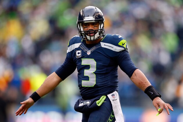 SEATTLE, WA - JANUARY 18: Russell Wilson #3 of the Seattle Seahawks reacts during the second half of the 2015 NFC Championship game at CenturyLink Field on January 18, 2015 in Seattle, Washington.  (Photo by Otto Greule Jr/Getty Images)