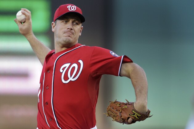 Washington Nationals starting pitcher Jordan Zimmermann (27) throws in the first inning in Game 2 of baseball's NL Division Series against the San Francisco Giants at Nationals Park, Saturday, Oct. 4, 2014, in Washington. (AP Photo/Mark Tenally)