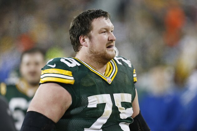 Green Bay Packers' Bryan Bulaga during the first half of an NFL football game against the Atlanta Falcons  Monday, Dec. 8, 2014, in Green Bay, Wis. (AP Photo/Mike Roemer)