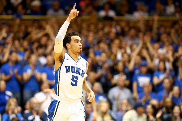 DURHAM, NC - JANUARY 19:  Tyus Jones #5 of the Duke Blue Devils reacts after a shot during their game against the Pittsburgh Panthers at Cameron Indoor Stadium on January 19, 2015 in Durham, North Carolina.  (Photo by Streeter Lecka/Getty Images)