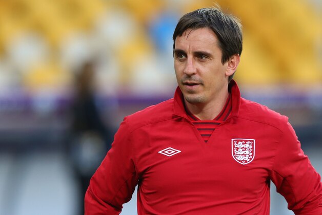 KIEV, UKRAINE - JUNE 14:  Gary Neville the coach of England looks on during a UEFA EURO 2012 training session at the Olympic Stadium on June 14, 2012 in Kiev, Ukraine.
