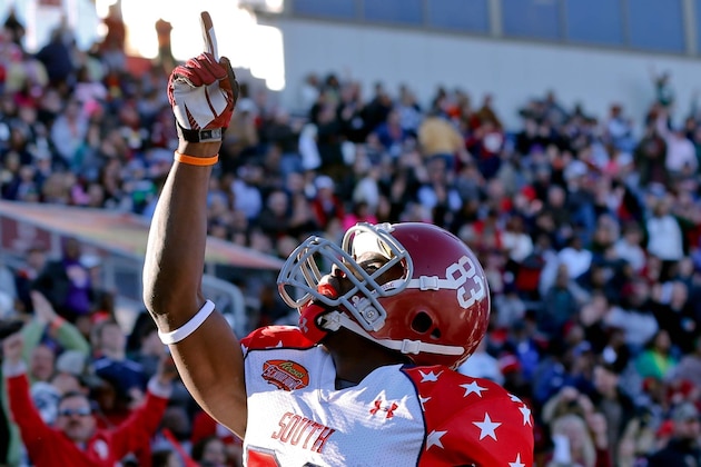 Jan 25, 2014; Mobile, AL, USA; South squad wide receiver Kevin Norwood of Alabama (83) celebrates after scoring a touchdown against the North squad during the first half of a game at Ladd-Peebles Stadium. Mandatory Credit: Derick E. Hingle-USA TODAY Sports
