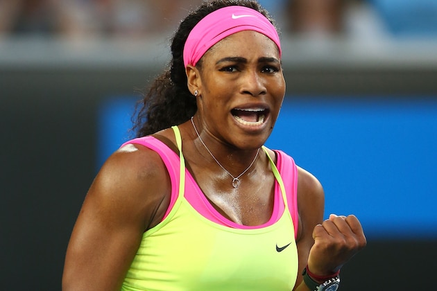MELBOURNE, AUSTRALIA - JANUARY 20:  Serena Williams of the United States celebrates winning her first round match against Alison Van Uytvanck of Belgium during day two of the 2015 Australian Open at Melbourne Park on January 20, 2015 in Melbourne, Australia.  (Photo by Mark Kolbe/Getty Images)