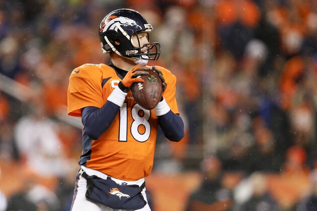 Denver Broncos quarterback Peyton Manning looks to pass in a light rain against the Indianapolis Colts during the second half of an NFL divisional playoff football game, Sunday, Jan. 11, 2015, in Denver. (AP Photo/Joe Mahoney)
