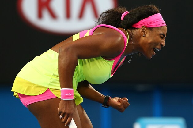 MELBOURNE, AUSTRALIA - JANUARY 20:  Serena Williams of the United States celebrates winning her first round match against Alison Van Uytvanck of Belgium during day two of the 2015 Australian Open at Melbourne Park on January 20, 2015 in Melbourne, Australia.  (Photo by Mark Kolbe/Getty Images)