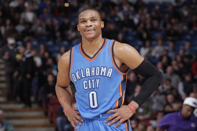 SACRAMENTO, CA - JANUARY 7: Russell Westbrook #0 of the Oklahoma City Thunder looks on during the game against the Sacramento Kings on January 7, 2015 at Sleep Train Arena in Sacramento, California. NOTE TO USER: User expressly acknowledges and agrees that, by downloading and or using this photograph, User is consenting to the terms and conditions of the Getty Images Agreement. Mandatory Copyright Notice: Copyright 2015 NBAE (Photo by Rocky Widner/NBAE via Getty Images)