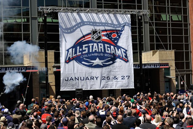 COLUMBUS, OH - APRIL 27:  A banner depicting the logo for the 2013 NHL All-Star Game is unveiled in front of Nationwide Arena on April 27, 2012 in Columbus, Ohio.  (Photo by Jamie Sabau/NHLI via Getty Images)