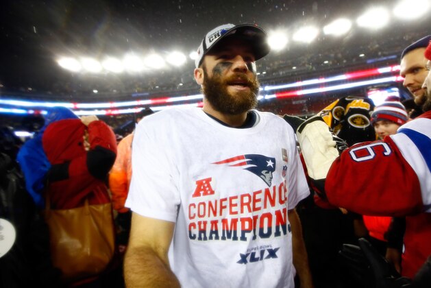 FOXBORO, MA - JANUARY 18:  Julian Edelman #11 of the New England Patriots celebrates after defeating the Indianapolis Colts in the 2015 AFC Championship Game at Gillette Stadium on January 18, 2015 in Foxboro, Massachusetts. The Patriots defeated the Colts 45-7. (Photo by Jared Wickerham/Getty Images)