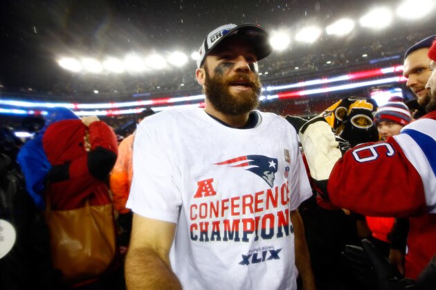 FOXBORO, MA - JANUARY 18:  Julian Edelman #11 of the New England Patriots celebrates after defeating the Indianapolis Colts in the 2015 AFC Championship Game at Gillette Stadium on January 18, 2015 in Foxboro, Massachusetts. The Patriots defeated the Colts 45-7. (Photo by Jared Wickerham/Getty Images)