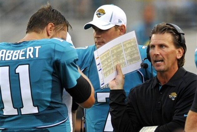 FILE - In this Aug. 30, 2012, file photo, Jacksonville Jaguars quarterback Blaine Gabbert (11) listens to Jaguars assistant head coach/quarterbacks coach Greg Olson, right, during the first half of an NFL preseason football game against the Atlanta Falcons in Jacksonville, Fla. The Oakland Raiders have hired Olson as their new offensive coordinator.  A person familiar with the hiring confirmed Saturday, Jan. 19, 2013, that Raiders coach Dennis Allen picked Olson to run the offense. The person spoke on condition of anonymity because the team hasn't announced the move. (AP Photo/Stephen Morton, File)