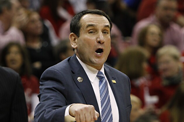 Duke coach Mike Krzyzewski signals in a play to his team against  Louisville in their NCAA college basketball game in Louisville, Ky., Saturday, Jan. 17, 2014. No. 4 Duke beat No. 6 Louisville 63-52. (AP Photo/Garry Jones)