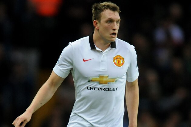 Manchester United's Phil Jones during the English Premier League soccer match between Aston Villa and Manchester United at Villa Park, in  Birmingham, England, Saturday, Dec. 20, 2014.  (AP Photo/Rui Vieira)
