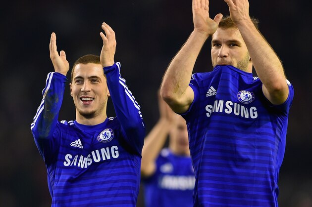 LIVERPOOL, ENGLAND - JANUARY 20:  Eden Hazard and Branislav Ivanovic of Chelsea applaud the fans after the Capital One Cup Semi-Final first leg match between Liverpool and Chelsea at Anfield on January 20, 2015 in Liverpool, England.  (Photo by Michael Regan/Getty Images)