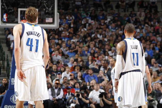 DALLAS, TX - DECEMBER 13:  Dirk Nowitzki #41 and Monta Ellis #11 of the Dallas Mavericks stand on the court against the Golden State Warriors on December 13, 2014 at the American Airlines Center in Dallas, Texas. NOTE TO USER: User expressly acknowledges and agrees that, by downloading and or using this photograph, User is consenting to the terms and conditions of the Getty Images License Agreement. Mandatory Copyright Notice: Copyright 2014 NBAE (Photo by Danny Bollinger/NBAE via Getty Images)