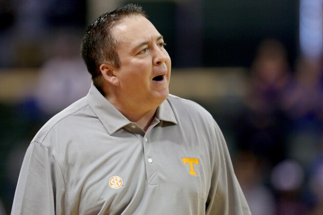 Tennessee head coach Donnie Tyndall reacts during the first half of an NCAA college basketball game against Kansas in Lake Buena Vista, Fla., Friday, Nov. 28, 2014. (AP Photo/Reinhold Matay)