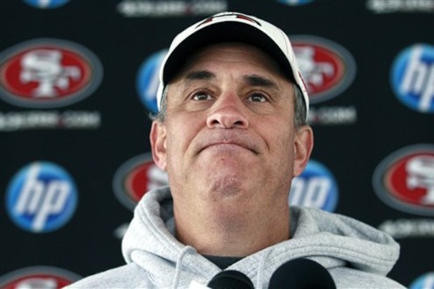 San Francisco 49ers defensive coordinator Vic Fangio speaks at a news conference at an NFL football facility in Santa Clara, Calif., Thursday, Jan. 19, 2012. The 49ers are scheduled to play the New York Giants on Sunday, Jan. 22, in the NFC Championship game. (AP Photo/Jeff Chiu)