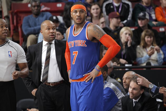 SACRAMENTO, CA - DECEMBER 27: Head Coach Derek Fisher of the New York Knicks coaches Carmelo Anthony #7 against the Sacramento Kings on December 27, 2014 at Sleep Train Arena in Sacramento, California. NOTE TO USER: User expressly acknowledges and agrees that, by downloading and or using this photograph, User is consenting to the terms and conditions of the Getty Images Agreement. Mandatory Copyright Notice: Copyright 2014 NBAE (Photo by Rocky Widner/NBAE via Getty Images)