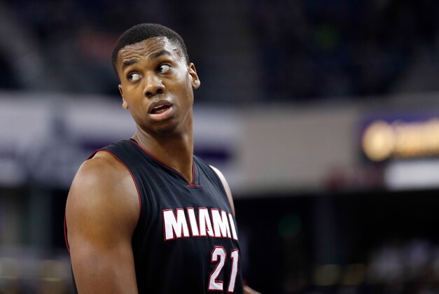 Jan 16, 2015; Sacramento, CA, USA; Miami Heat center Hassan Whiteside (21) between plays against the Sacramento Kings during the third quarter at Sleep Train Arena. The Miami Heat defeated the Sacramento Kings 95-83. Mandatory Credit: Kelley L Cox-USA TODAY Sports
