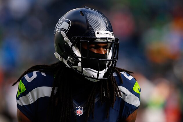 SEATTLE, WA - JANUARY 18:  Richard Sherman #25 of the Seattle Seahawks looks on before the 2015 NFC Championship game at CenturyLink Field on January 18, 2015 in Seattle, Washington.  (Photo by Tom Pennington/Getty Images)