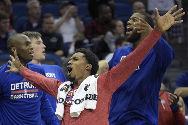 Detroit Pistons guard Brandon Jennings, front, reacts on the bench after teammate Jodie Meeks scored on a 3-pointer during the second half of an NBA basketball game against the Orlando Magic in Orlando, Fla., Tuesday, Dec. 30, 2014. The Pistons won 109-86. (AP Photo/Phelan M. Ebenhack) Detroit Pistons guard Brandon Jennings, front, reacts on the bench after teammate Jodie Meeks scored on a 3-pointer during the second half of an NBA basketball game against the Orlando Magic in Orlando, Fla., Tuesday, Dec. 30, 2014. The Pistons won 109-86. (AP Photo/Phelan M. Ebenhack)