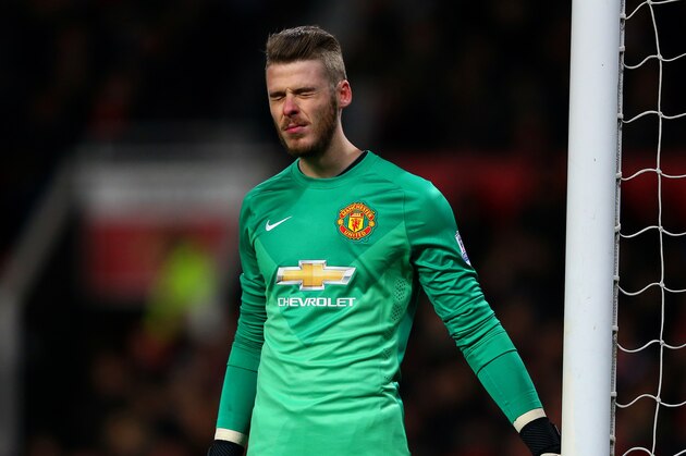 MANCHESTER, ENGLAND - JANUARY 11:  David De Gea of Manchester United reacts during the Barclays Premier League match between Manchester United and Southampton at Old Trafford on January 11, 2015 in Manchester, England.  (Photo by Alex Livesey/Getty Images)
