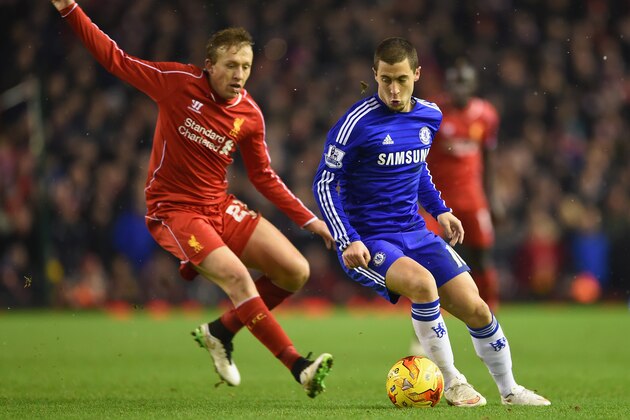 LIVERPOOL, ENGLAND - JANUARY 20: Eden Hazard of Chelsea is marshalled by Lucas Leiva of Liverpool  during the Capital One Cup Semi-Final first leg match between Liverpool and Chelsea at Anfield on January 20, 2015 in Liverpool, England.  (Photo by Michael Regan/Getty Images)