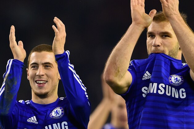 LIVERPOOL, ENGLAND - JANUARY 20:  Eden Hazard and Branislav Ivanovic of Chelsea applaud the fans after the Capital One Cup Semi-Final first leg match between Liverpool and Chelsea at Anfield on January 20, 2015 in Liverpool, England.  (Photo by Michael Regan/Getty Images)