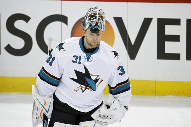 San Jose Sharks goalie Antti Niemi (31), of Finland, skates before an NHL hockey game against the Minnesota Wild in St. Paul, Minn., Tuesday, Jan. 6, 2015. (AP Photo/Ann Heisenfelt)