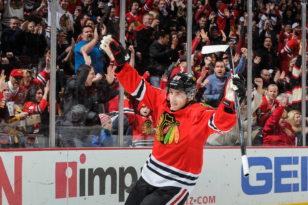 CHICAGO, IL - JANUARY 20:  Patrick Kane #88 of the Chicago Blackhawks reacts after scoring against the Arizona Coyotes in the second period during the NHL game at the United Center on January 20, 2015 in Chicago, Illinois.  (Photo by Bill Smith/NHLI via Getty Images)