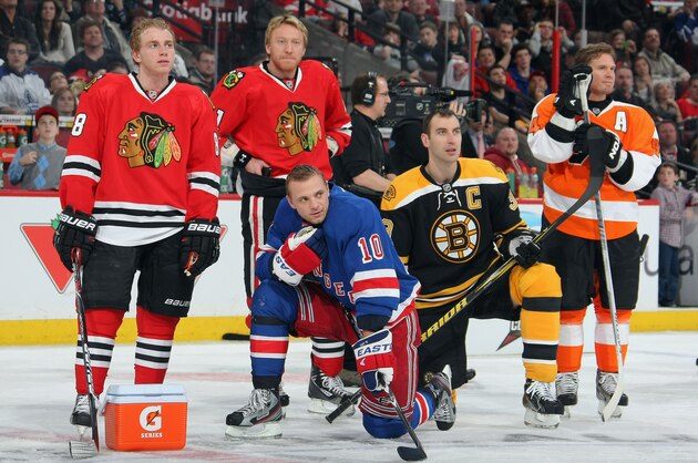 OTTAWA, ON - JANUARY 28:  Patrick Kane #88 and Marian Hossa #81 of the Chicago Blackhawks, Marian Gaborik #10 of the New York Rangers, Zdeno Chara #33 of the Boston Bruins and Kimmo Timonen #44 of the Philadelphia Flyers and team Chara participate in the 2012 Molson Canadian NHL All-Star Skills Competition at Scotiabank Place on January 28, 2012 in Ottawa, Ontario, Canada.  (Photo by Dave Sandford/NHLI via Getty Images)