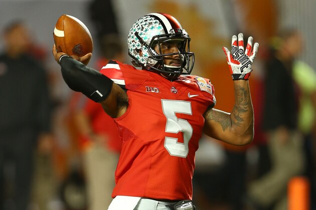 MIAMI GARDENS, FL - JANUARY 03: Braxton Miller #5 of the Ohio State Buckeyes warms up prior to the Discover Orange Bowl against the Clemson Tigers at Sun Life Stadium on January 3, 2014 in Miami Gardens, Florida. (Photo by Streeter Lecka/Getty Images) MIAMI GARDENS, FL - JANUARY 03: Braxton Miller #5 of the Ohio State Buckeyes warms up prior to the Discover Orange Bowl against the Clemson Tigers at Sun Life Stadium on January 3, 2014 in Miami Gardens, Florida. (Photo by Streeter Lecka/Getty Images)