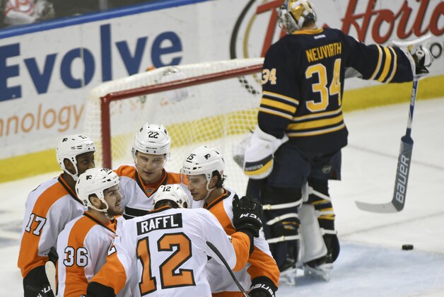 Philadelphia Flyers Wayne Simmonds (17), Zac Rinaldo (36), Luke Schenn (22) and Michael Del Zotto (15) celebrate the game-winning goal by Michael Raffl (12) as Buffalo Sabres Michal Neuvirth (34) reacts during the third period of an NHL hockey game Saturday, Jan. 17, 2015, in Buffalo, N.Y.  Philadelphia won 4-3. (AP Photo/Gary Wiepert)