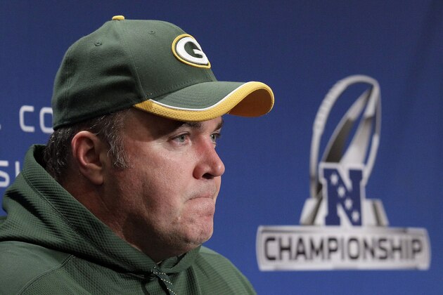 Green Bay Packers head coach Mike McCarthy answers a question after an NFL football NFC Championship game against the Seattle Seahawks Sunday, Jan. 18, 2015, in Seattle. The Seahawks won 28-22 to advance to Super Bowl XLIX. (AP Photo/Jeff Chiu)