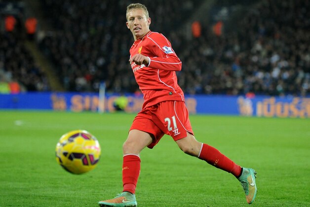 Liverpool's Lucas Leiva during the English Premier League soccer match between Leicester City and Liverpool at King Power Stadium, in Leicester, England, Tuesday, Dec. 2, 2014.  (AP Photo/Rui Vieira)