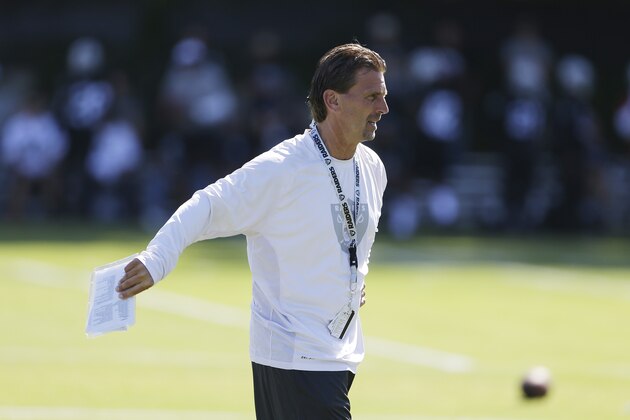 Oakland Raiders offensive coordinator Greg Olson during their NFL football training camp Friday, July 26, 2013, in Napa, Calif. (AP Photo/Eric Risberg)
