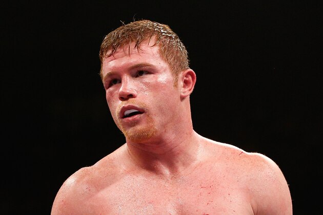 LAS VEGAS, NV - JULY 12:  Canelo Alvarez battles Erislandy Lara (not pictured) during their junior middleweight bout at the MGM Grand Garden Arena on July 12, 2014 in Las Vegas, Nevada.  Alvarez defeated Lara by split decision.  (Photo by Josh Hedges/Getty Images)