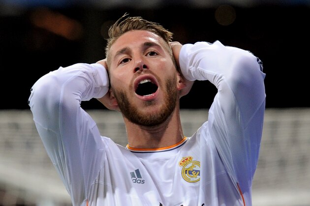 MADRID, SPAIN - MARCH 18:  Sergio Ramos of Real Madrid reacts after a missed chance on goal during the UEFA Champions League Round of 16, second leg match between Real Madrid and FC Schalke 04 at Estadio Santiago Bernabeu on March 18, 2014 in Madrid, Spain.  (Photo by Denis Doyle/Getty Images)